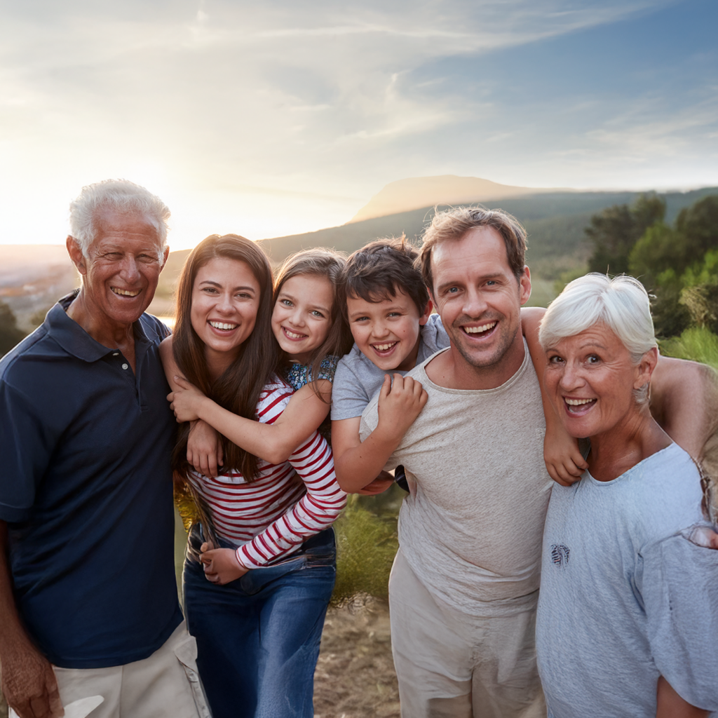 Famille multigénérationnelle dans un champ souriant
